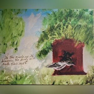Canvas print of my acrylic. “Building a nest with caution”